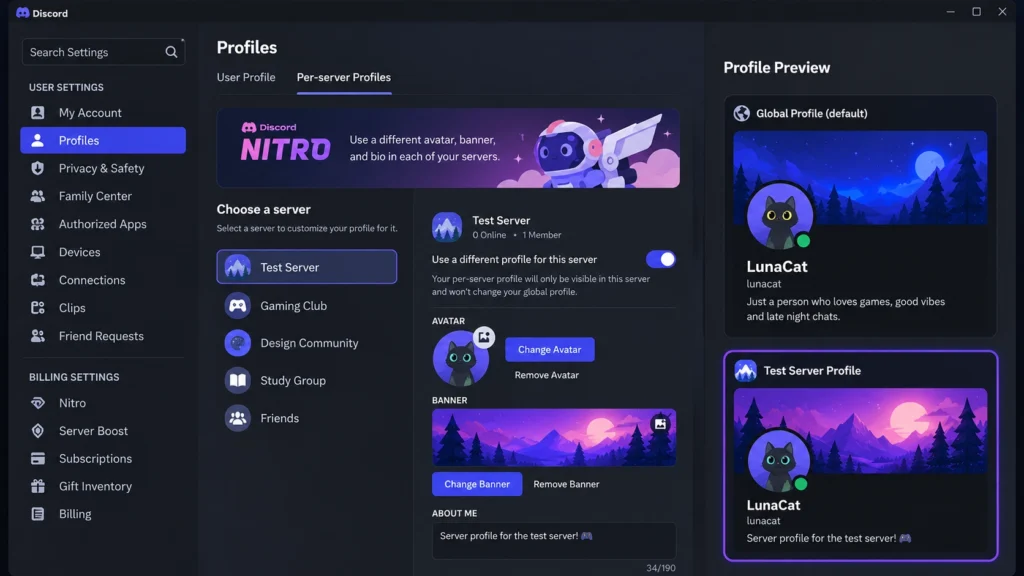 Настройка отдельного профиля для сервера Discord