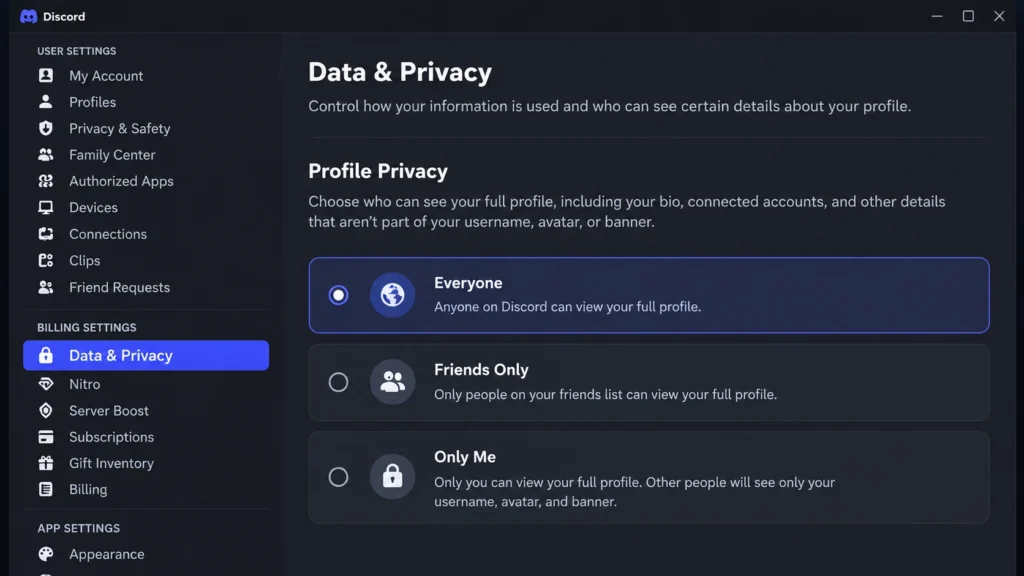 Настройки приватности профиля Discord