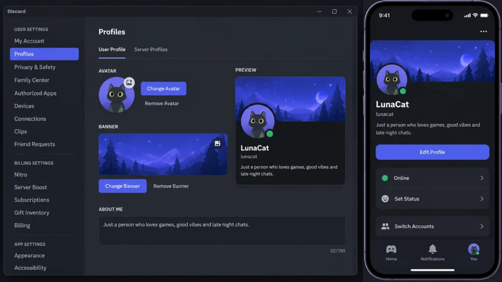 Настройки профиля Discord на компьютере и телефоне