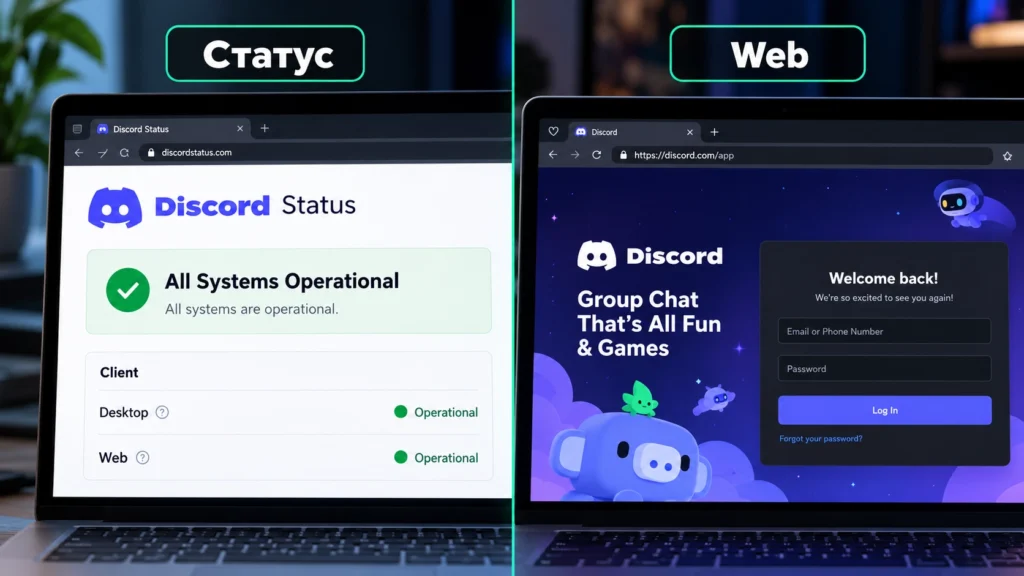 Проверка Discord Status и веб-версии перед переустановкой клиента.