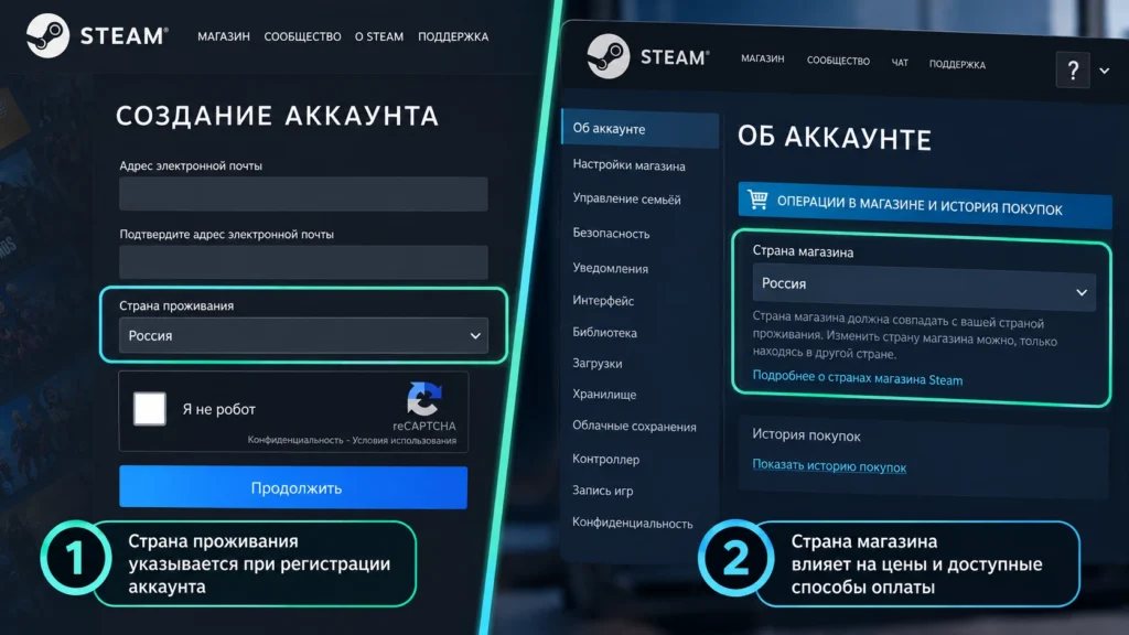 Страна проживания и страна магазина Steam