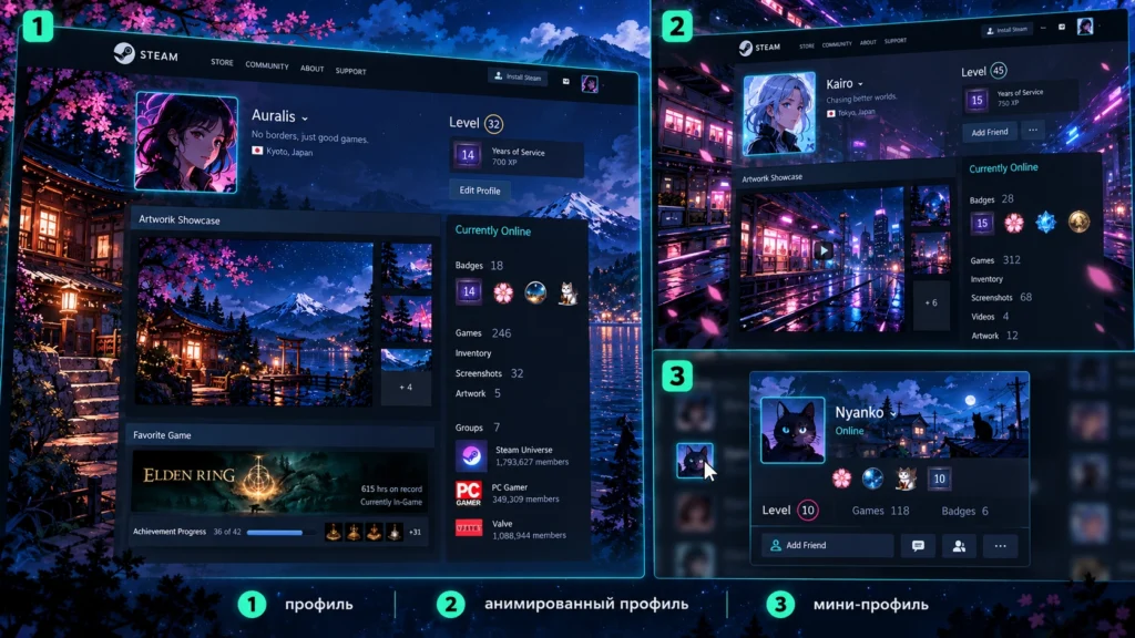 Разница между фоном профиля, анимированным и мини-фоном Steam