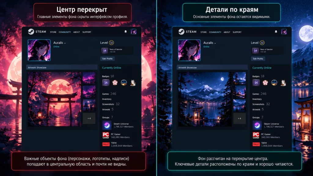 Сравнение двух фонов Steam с разным расположением деталей