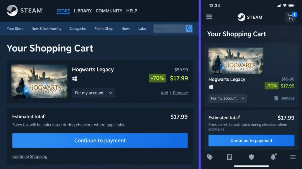 Цена одной игры в корзине Steam на компьютере и смартфоне.