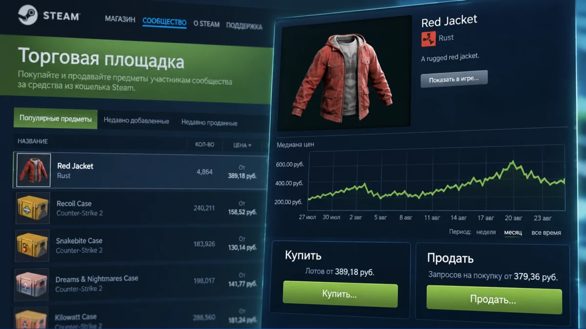 Торговая площадка Steam с предметами, ценами и графиком продаж