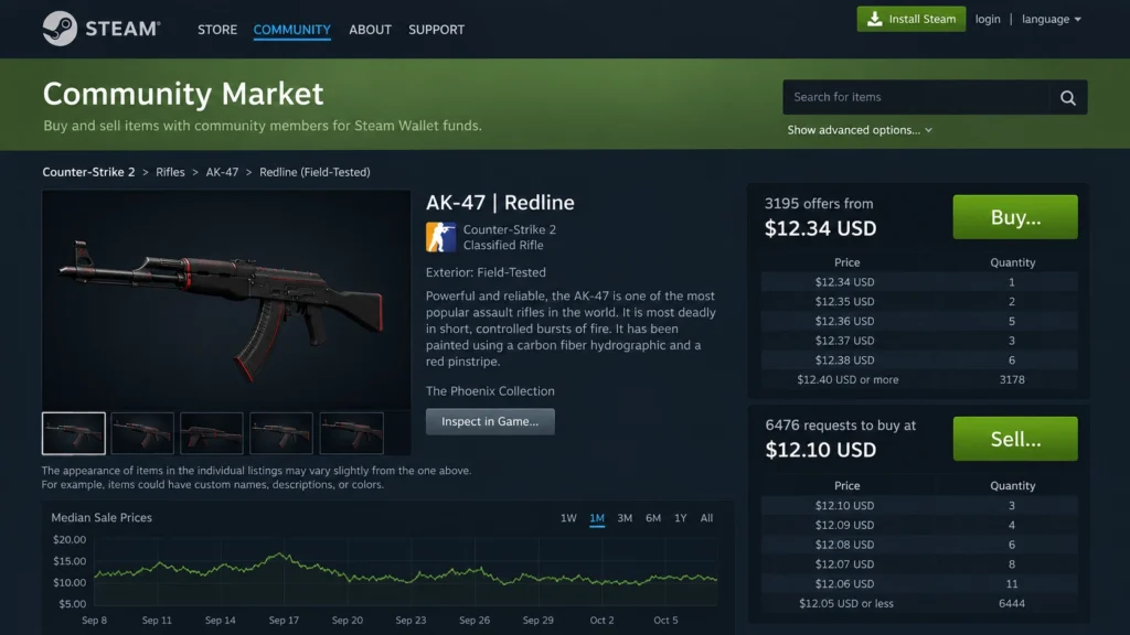 Цена предмета и предложения на Steam Community Market.