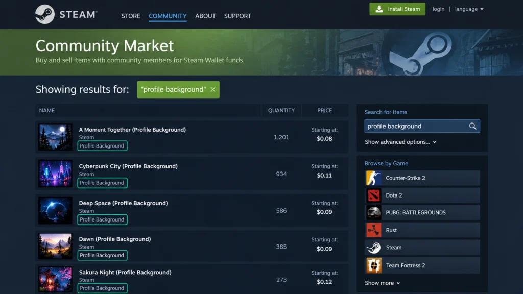 Поиск фонов профиля на Торговой площадке Steam