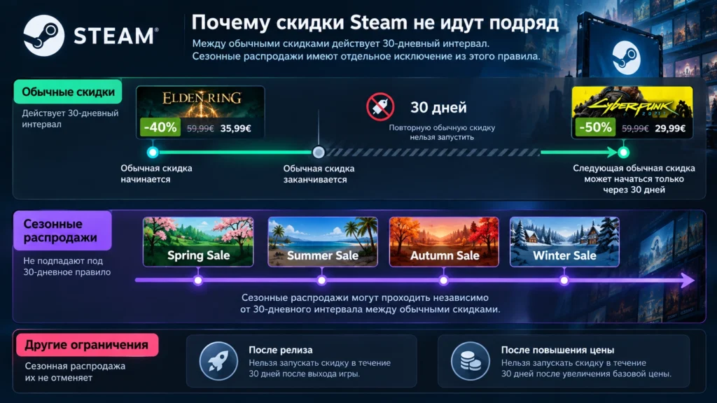 Интервал 30 дней между обычными скидками Steam