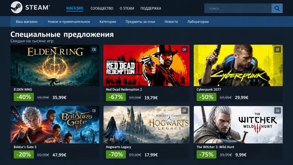 Карточки игр Steam с процентом скидки и новой ценой
