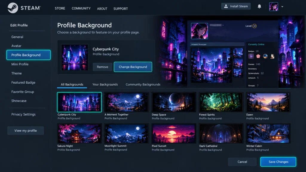 Раздел Profile Background в настройках профиля Steam