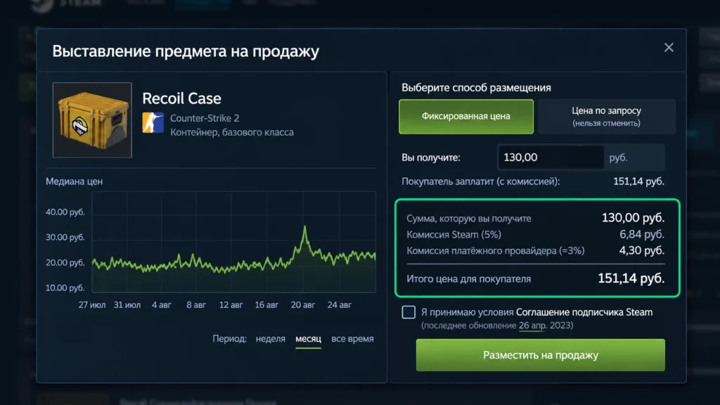 Окно продажи предмета Steam с суммой продавцу и ценой покупателя