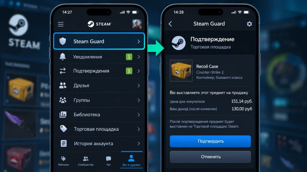 Подтверждение продажи предмета Steam Market в мобильном приложении