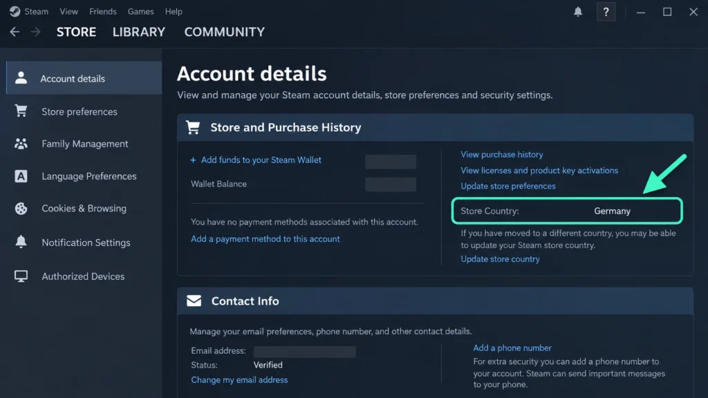 Страна магазина в настройках аккаунта Steam.