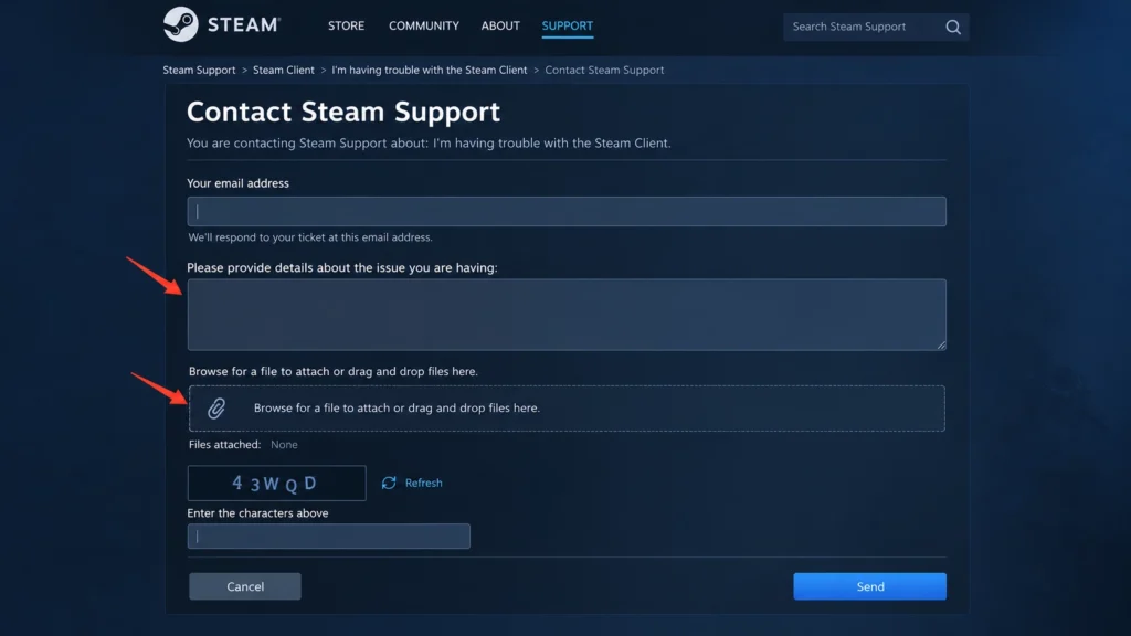 Форма обращения в поддержку Steam