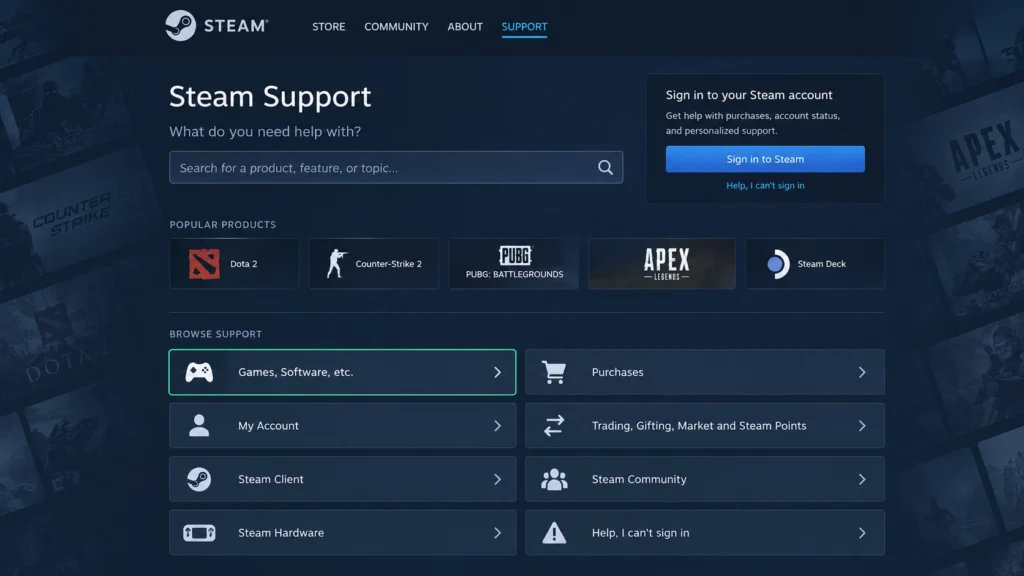 Основные разделы поддержки Steam