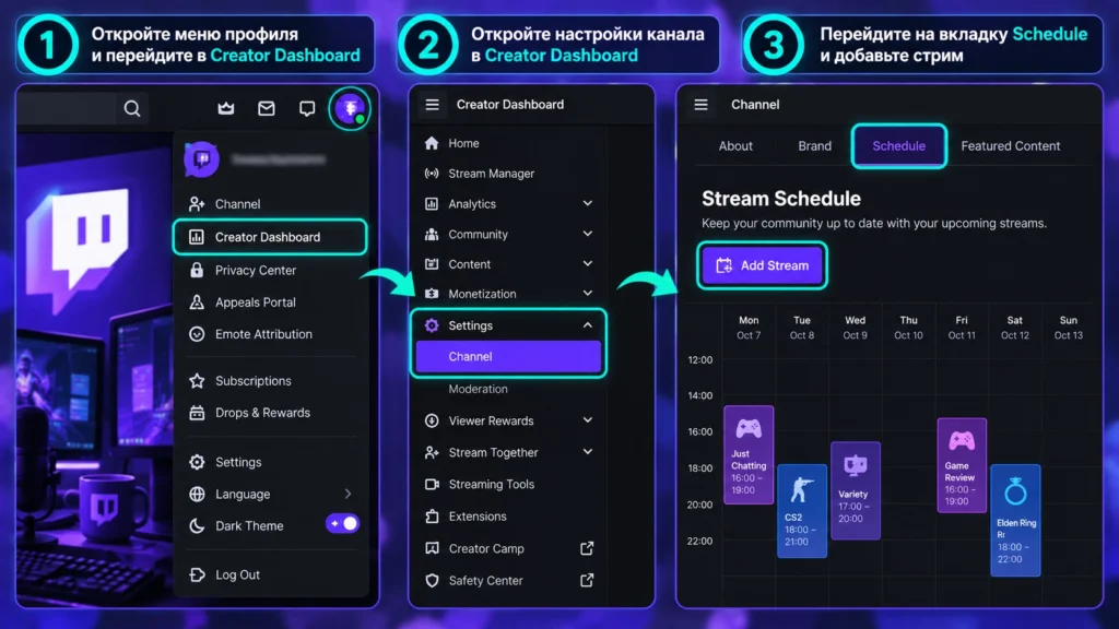 Переход к расписанию стримов через Creator Dashboard Twitch