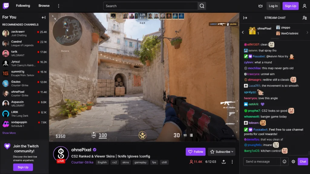 Плеер Twitch и чат при просмотре на компьютере