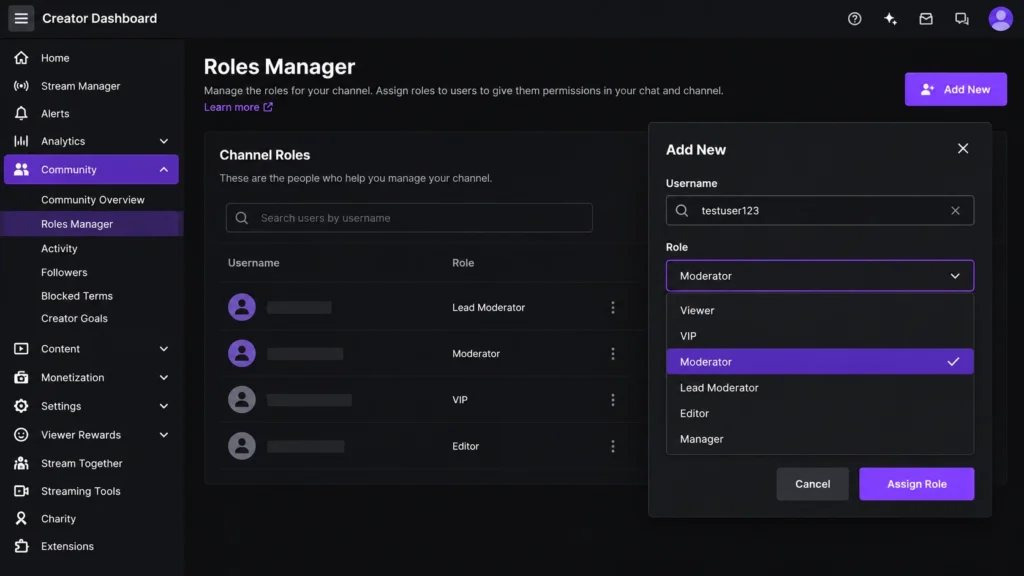 Назначение модератора Twitch через Roles Manager