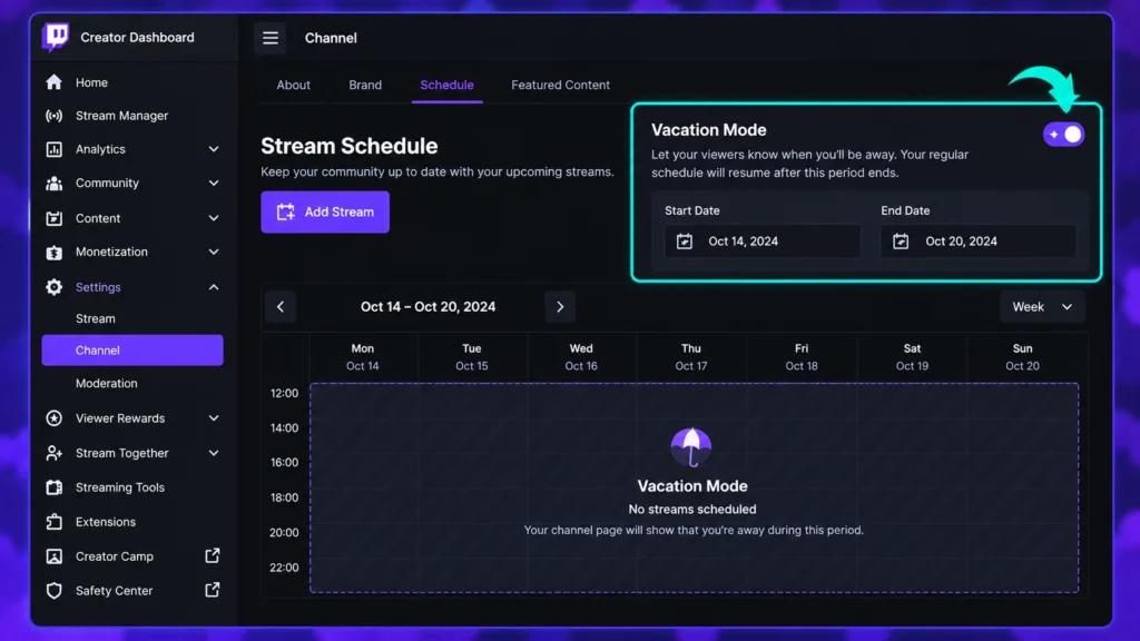 Настройка Vacation Mode в расписании Twitch
