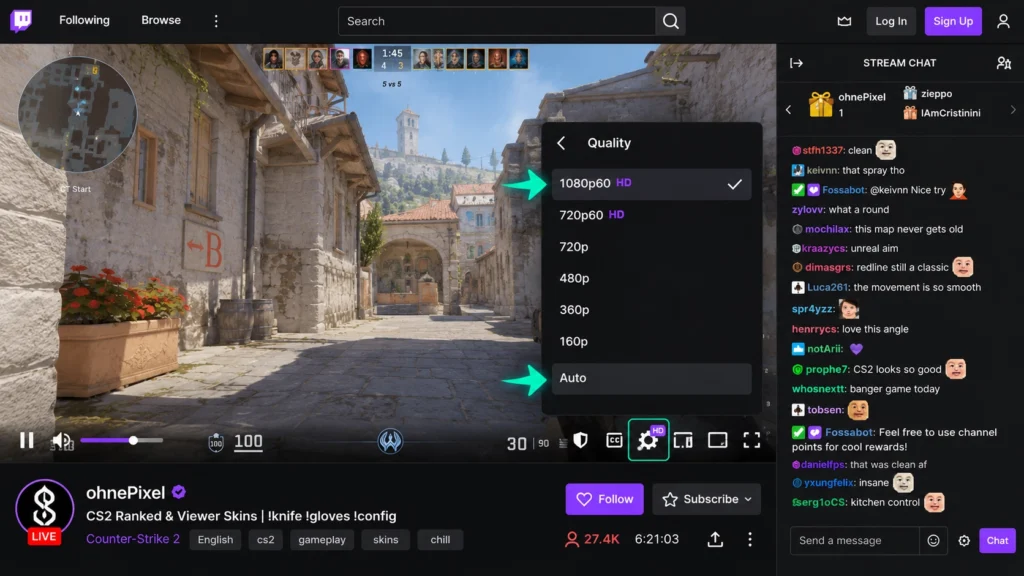 Настройки качества Auto и 1080p в Twitch