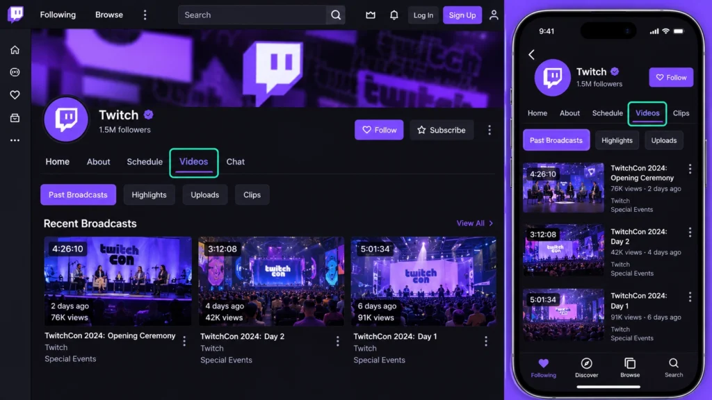 Раздел прошлых трансляций Twitch в браузере и мобильном приложении.