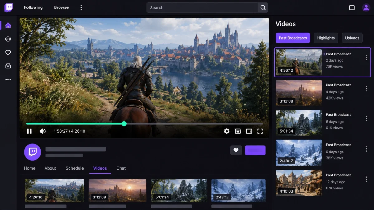 VOD Twitch с записью прошлой трансляции в видеоплеере.