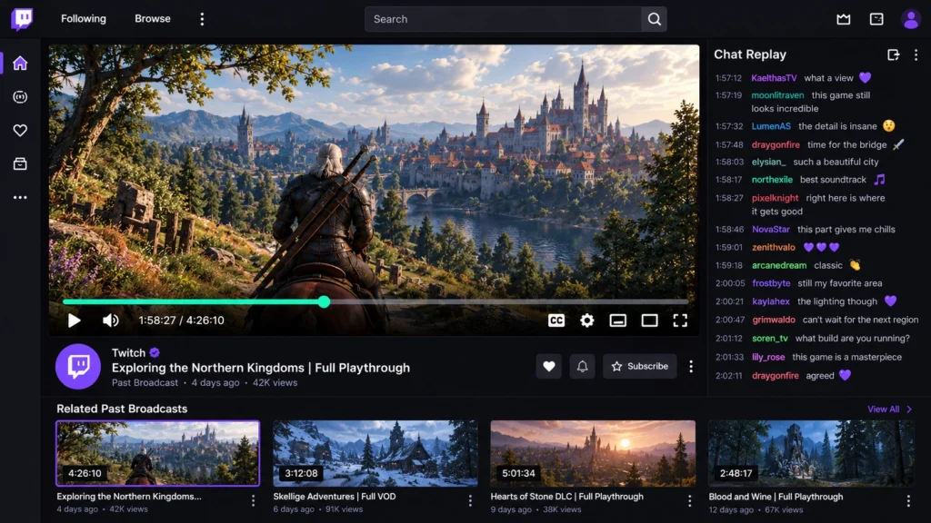 Плеер Twitch VOD со шкалой времени прошлой трансляции.