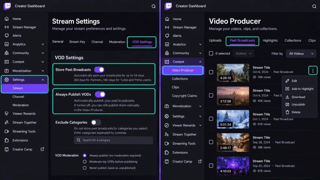 Настройки сохранения VOD и Video Producer в Twitch Creator Dashboard.
