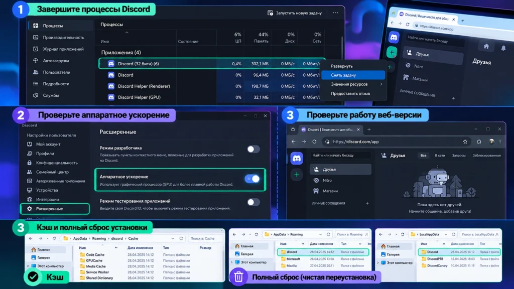 очистка кэша Discord и чистая переустановка