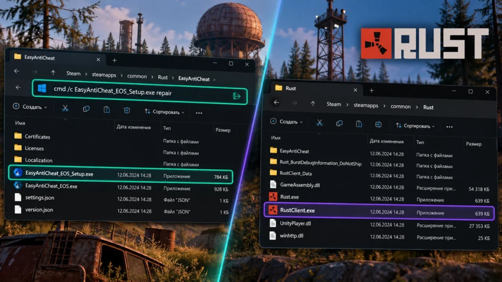 Восстановление Easy Anti-Cheat и диагностический запуск RustClient.exe.