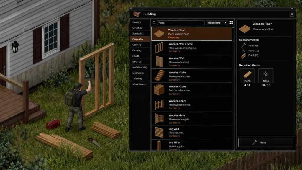 Меню Building и Carpentry в Project Zomboid