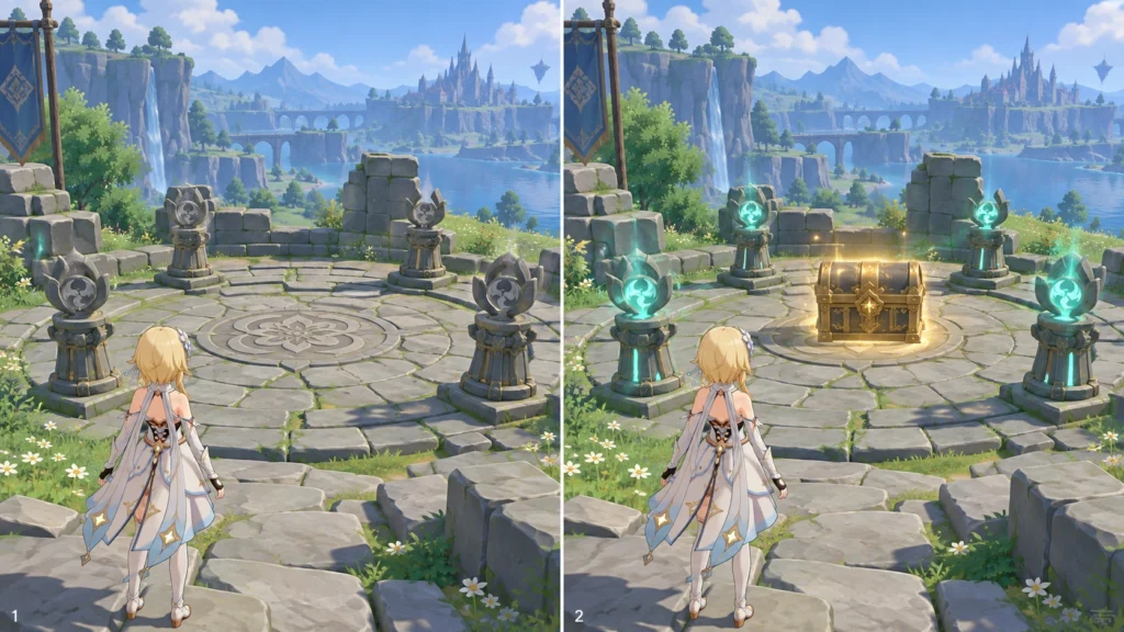 Скрытый сундук Genshin Impact до и после решения головоломки