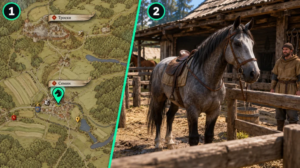 карта Семина и Пебблз в конюшне Kingdom Come Deliverance 2.