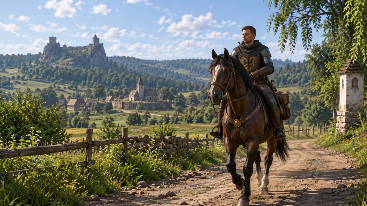 Генри едет верхом на лошади в Kingdom Come Deliverance 2.