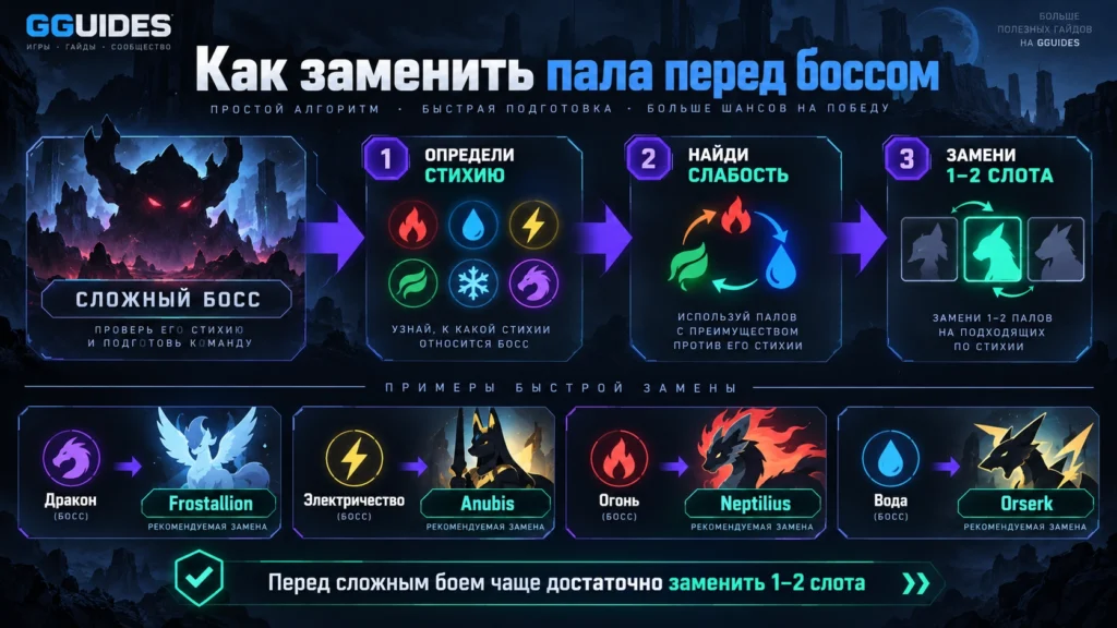 Как менять палов в команде Palworld под стихию босса