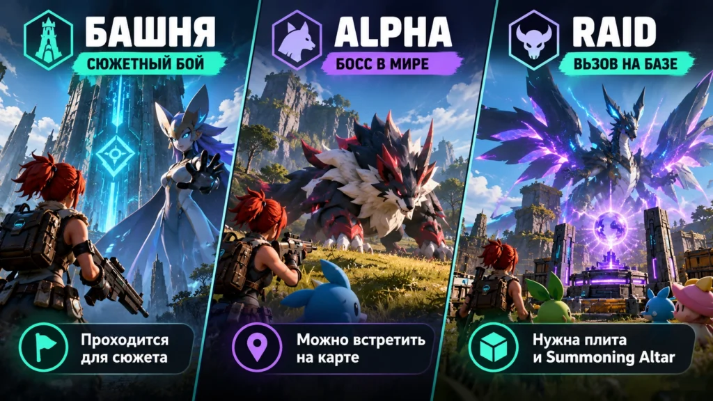 Типы боссов в Palworld — башни, Alpha и рейды