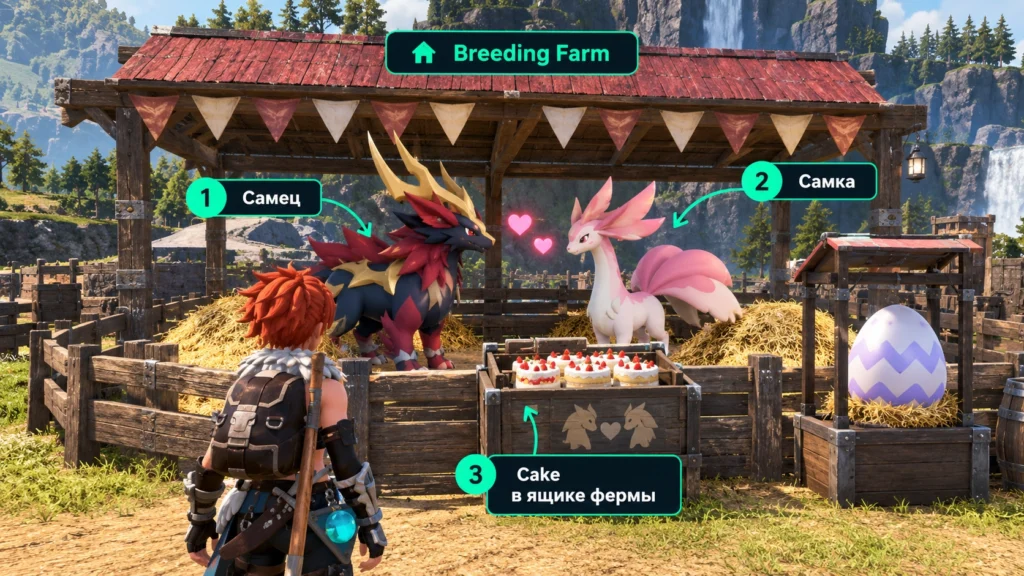 Breeding Farm с двумя палами и Cake в Palworld
