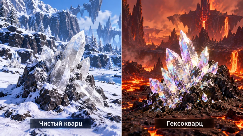 Сравнение чистого кварца и гексокварца в Palworld