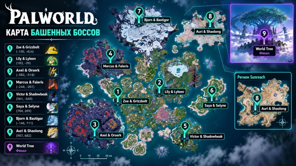 Карта башенных боссов Palworld с координатами